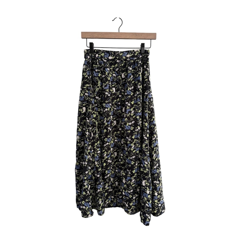 Just Elements Black Floral Midi Skirt Button Front Rayon Medium‎